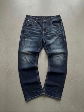 Men's Dark Blue Washed Jeans - Comfortable Straight Fit